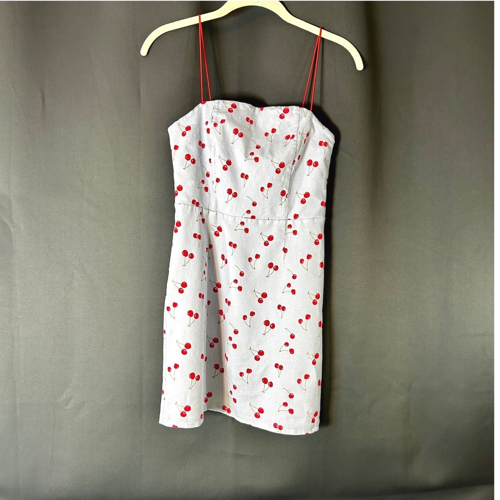 Urban Outfitters Cherry Print Linen Mini Dress Size 2 Red‎ Blue